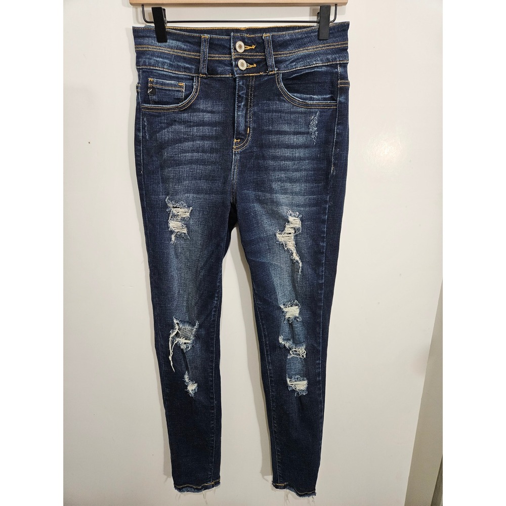 KanCan High Rise Distressed Skinny Jeans Dark Wash Raw Hem VBK1348A Size 27